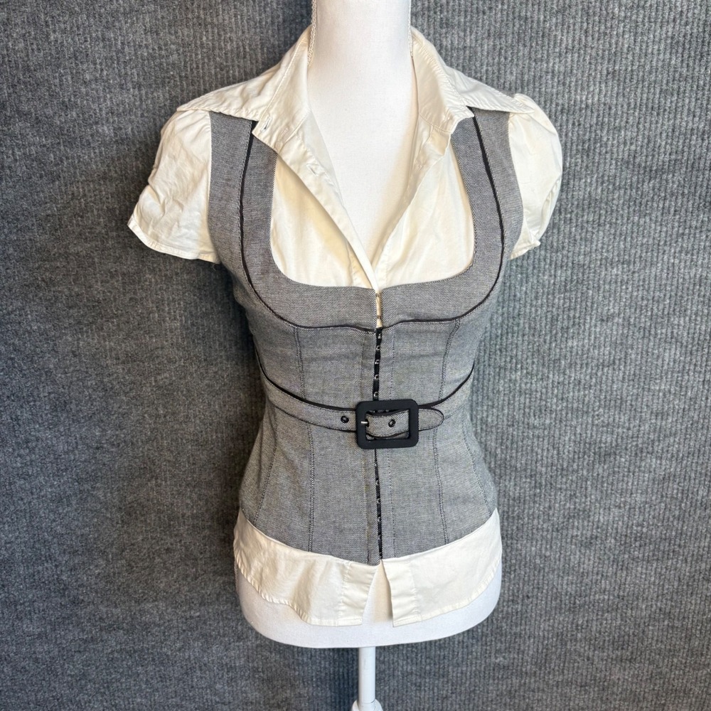 Bebe Womens Size 2 Grey White Layered Corset Belted Top Short Sleeve Blouse